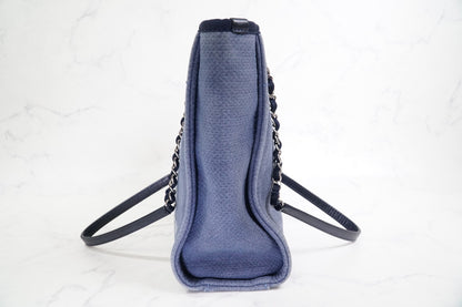 [Rank AB] CHANEL Deauville Canvas Chain Tote Bag Blue Navy Silver Hardware PM