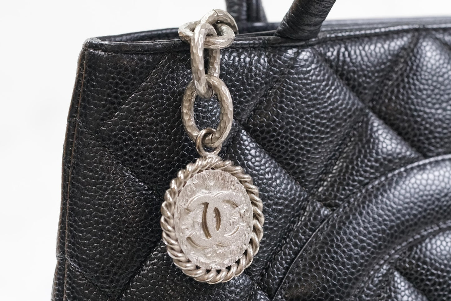 [Rank AB] CHANEL Medallion Tote Caviar Leather Black Silver HW w/ Box Dust Bag