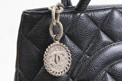 [Rank AB] CHANEL Medallion Tote Caviar Leather Black Silver HW w/ Box Dust Bag