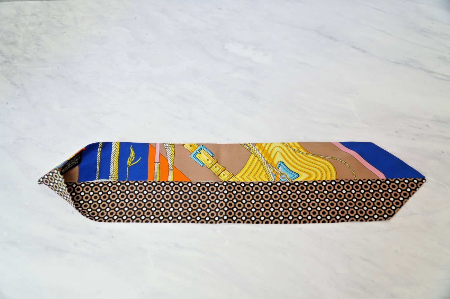 Hermes Twilly Silk Scarf Belt Rope Dot Blue Orange Beige Ribbon with Box JAPAN