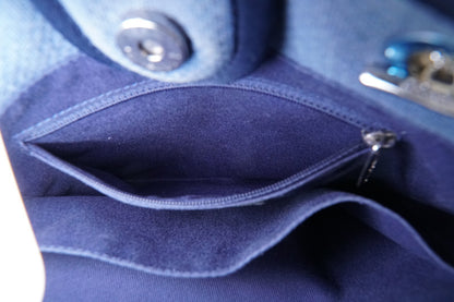 [Rank AB] CHANEL Deauville Canvas Chain Tote Bag Blue Navy Silver Hardware PM