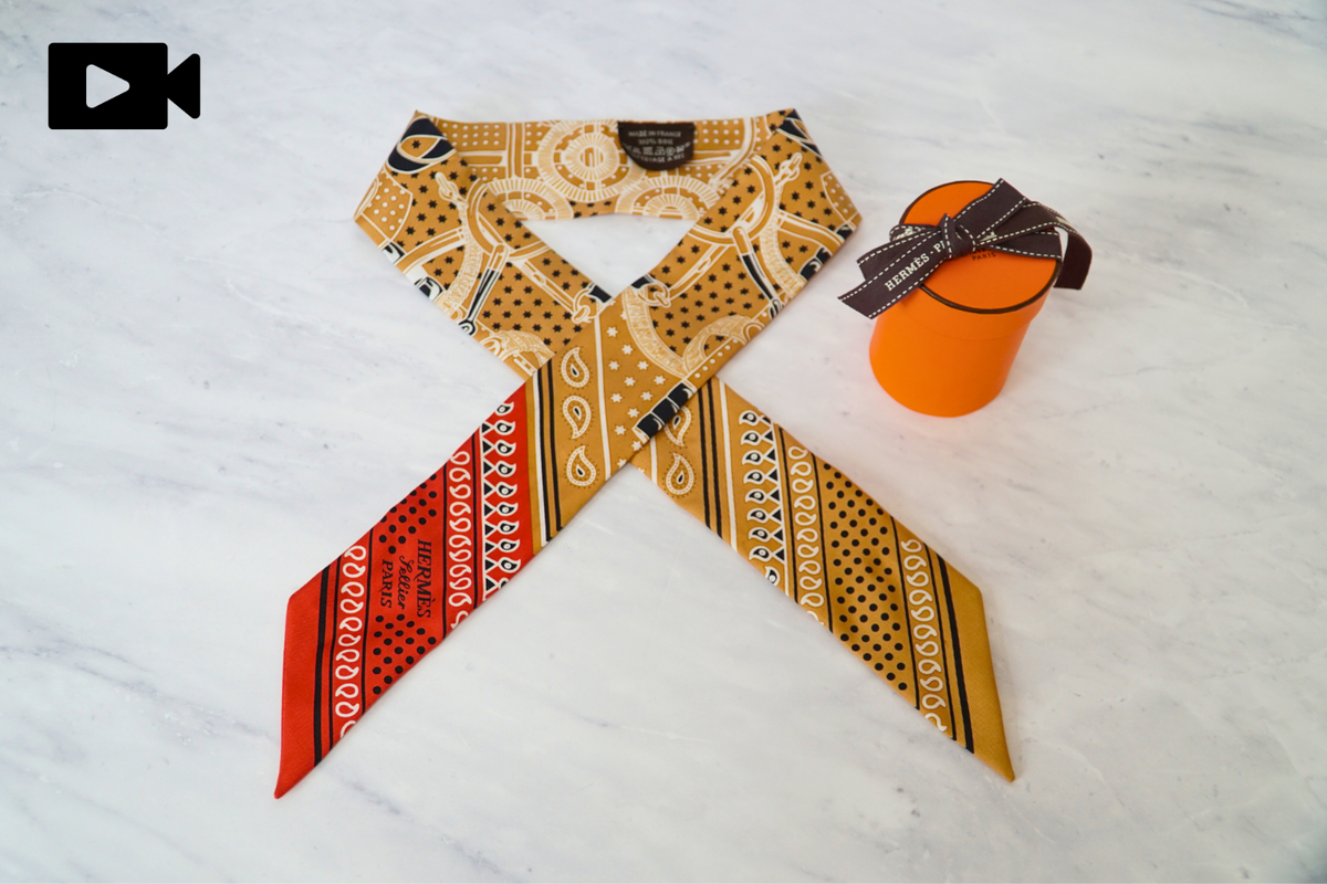 [Excellent] Hermes Twilly La Fete de l’Amazone Silk Scarf Orange Beige w/ Box