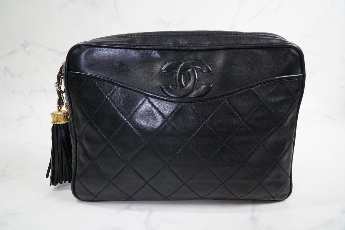 [Rank AB] CHANEL Matelasse Fringe Chain Shoulder Bag Black Lambskin Gold G Card