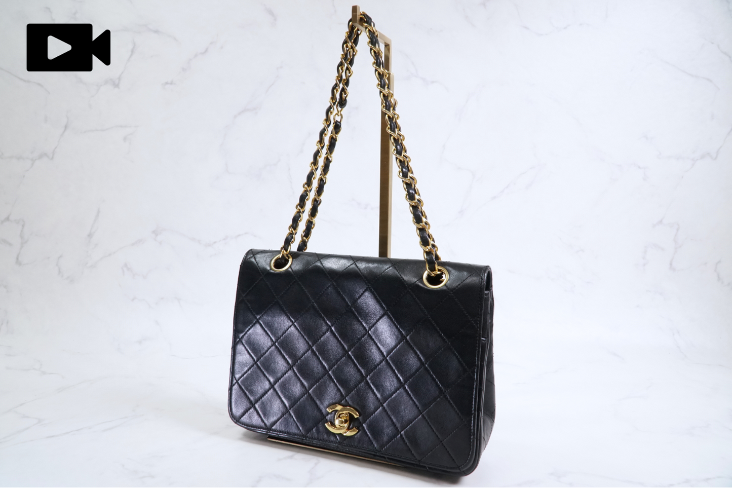 CHANEL Matelasse Full Flap W Chain Shoulder Bag Lambskin Black GHW Vintage Auth