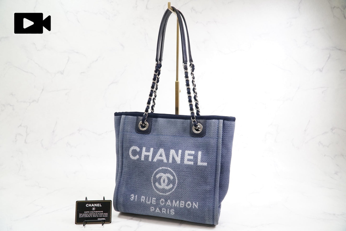 [Rank AB] CHANEL Deauville Canvas Chain Tote Bag Blue Navy Silver Hardware PM
