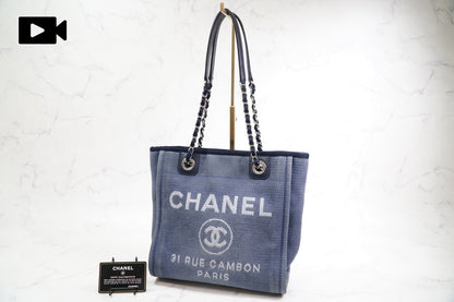 [Rank AB] CHANEL Deauville Canvas Chain Tote Bag Blue Navy Silver Hardware PM