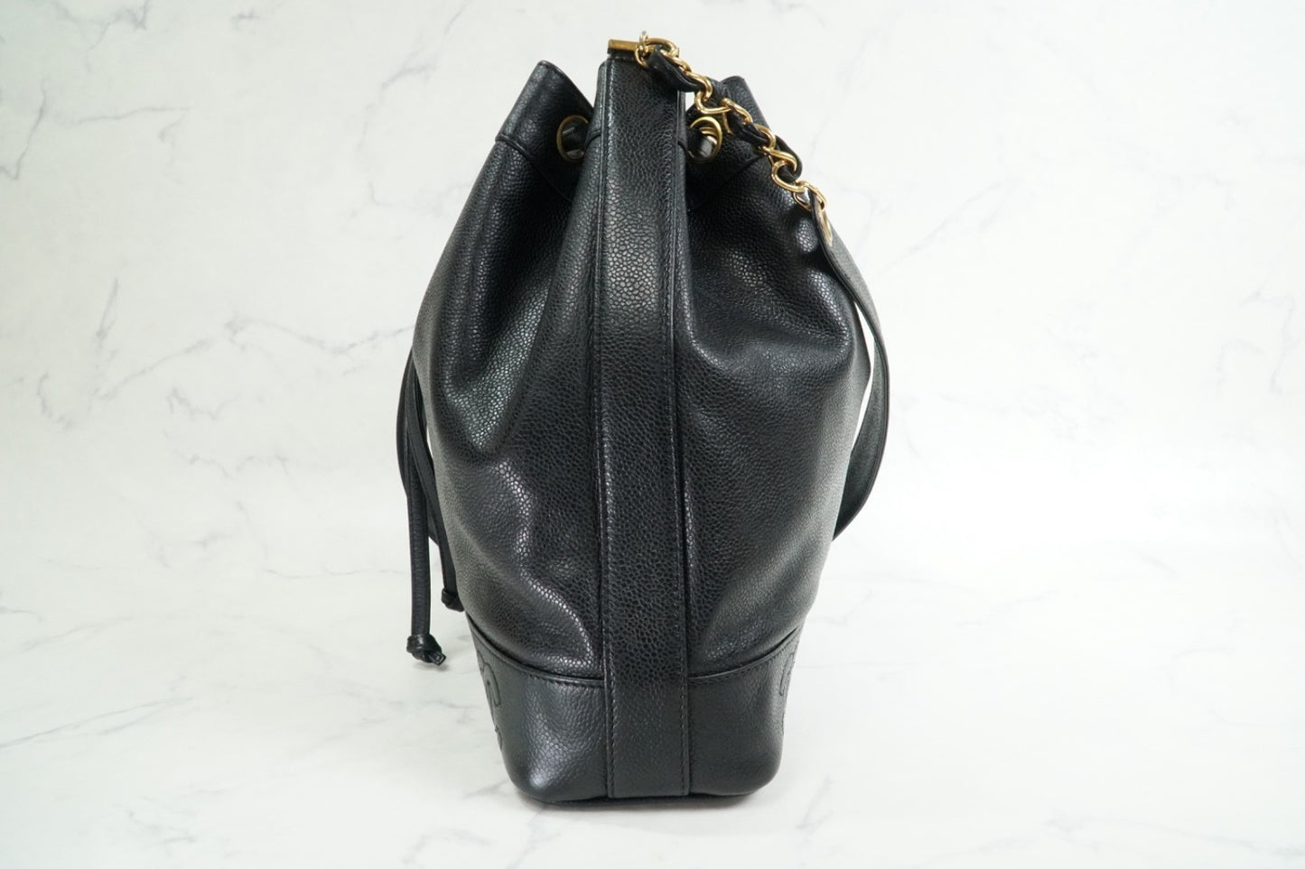 CHANEL Triple Coco Caviar Skin Drawstring Chain Shoulder Bag Black Gold Vintage