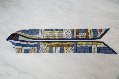[Excellent] Hermes Twilly Tresses H Silk Blue Ribbon Scarf w/ Box From JAPAN