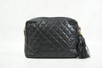 CHANEL Quilted Grained Leather Fringe Chain Shoulder Bag Black CC Vintage JAPAN