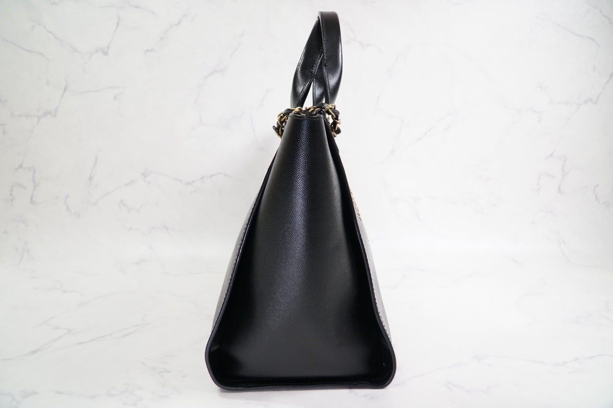 [VERY GOOD] CHANEL Deauville 2way Leather Tote Bag Caviar Skin Black Gold Auth