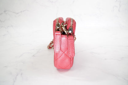 [EXCELLENT] CHANEL Caviar Skin Zipped Chain Wallet Coral Red Crossbody Bag Gold