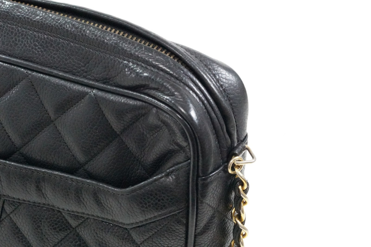 CHANEL Quilted Grained Leather Fringe Chain Shoulder Bag Black CC Vintage JAPAN