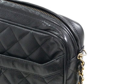 CHANEL Quilted Grained Leather Fringe Chain Shoulder Bag Black CC Vintage JAPAN