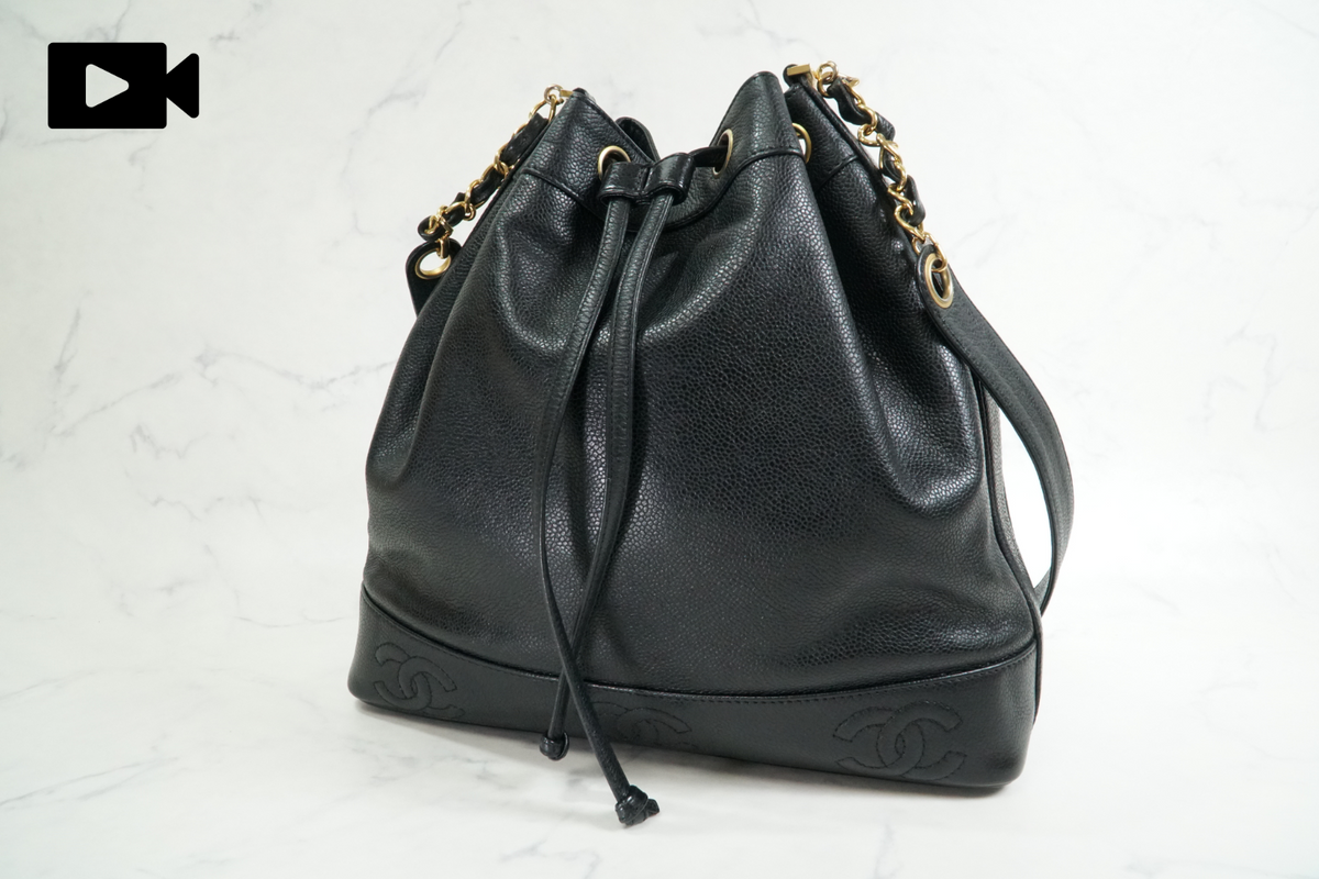CHANEL Triple Coco Caviar Skin Drawstring Chain Shoulder Bag Black Gold Vintage