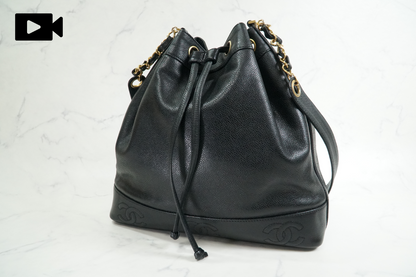 CHANEL Triple Coco Caviar Skin Drawstring Chain Shoulder Bag Black Gold Vintage