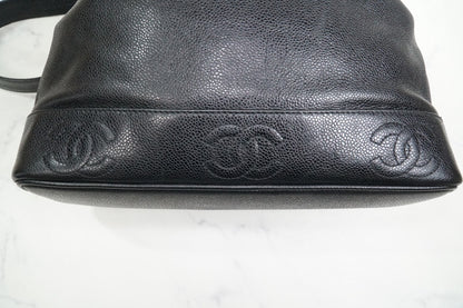 CHANEL Triple Coco Caviar Skin Drawstring Chain Shoulder Bag Black Gold Vintage