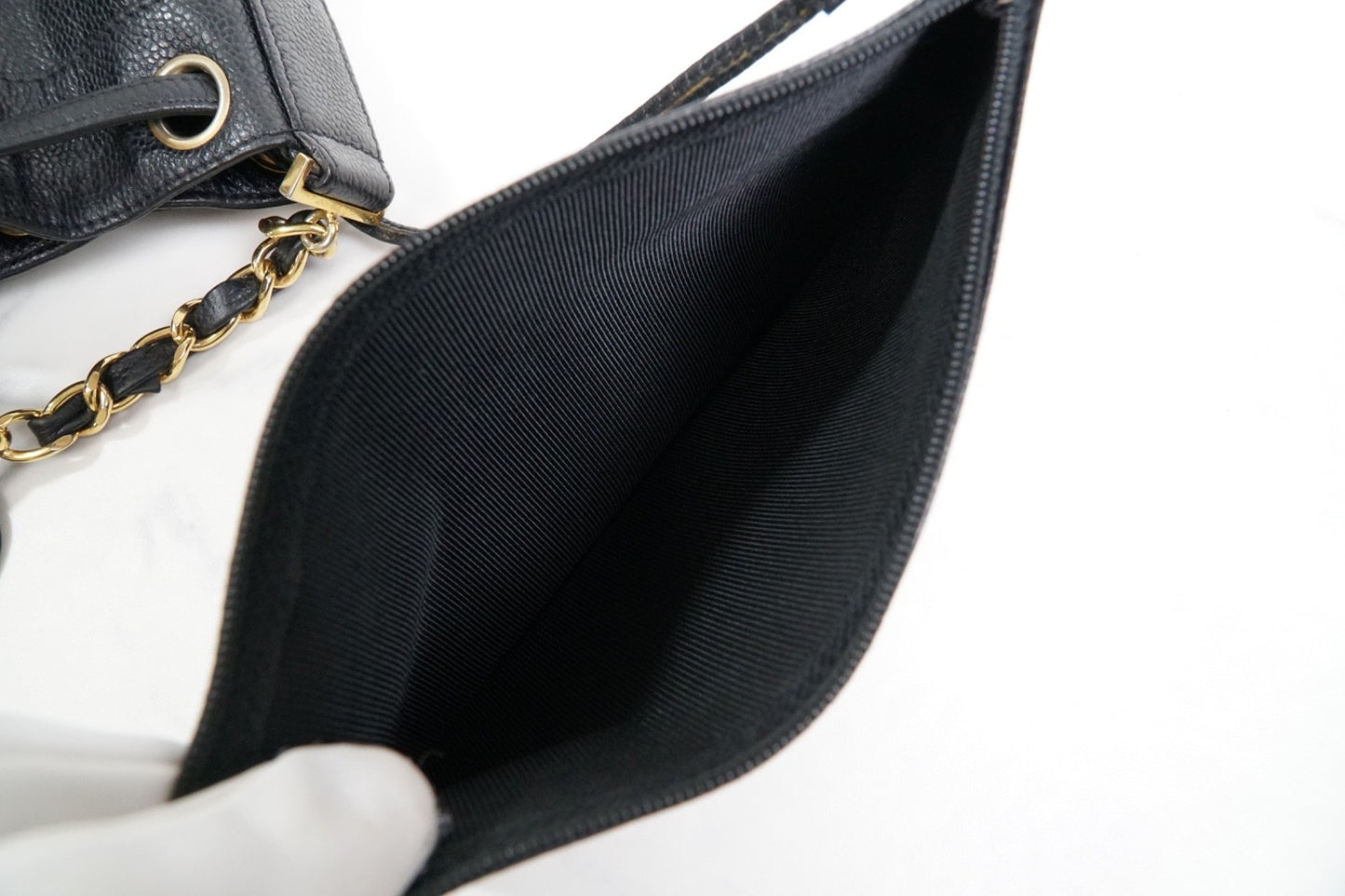 CHANEL Triple Coco Caviar Skin Drawstring Chain Shoulder Bag Black Gold Vintage