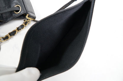 CHANEL Triple Coco Caviar Skin Drawstring Chain Shoulder Bag Black Gold Vintage