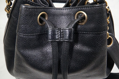 CHANEL Triple Coco Caviar Skin Drawstring Chain Shoulder Bag Black Gold Vintage