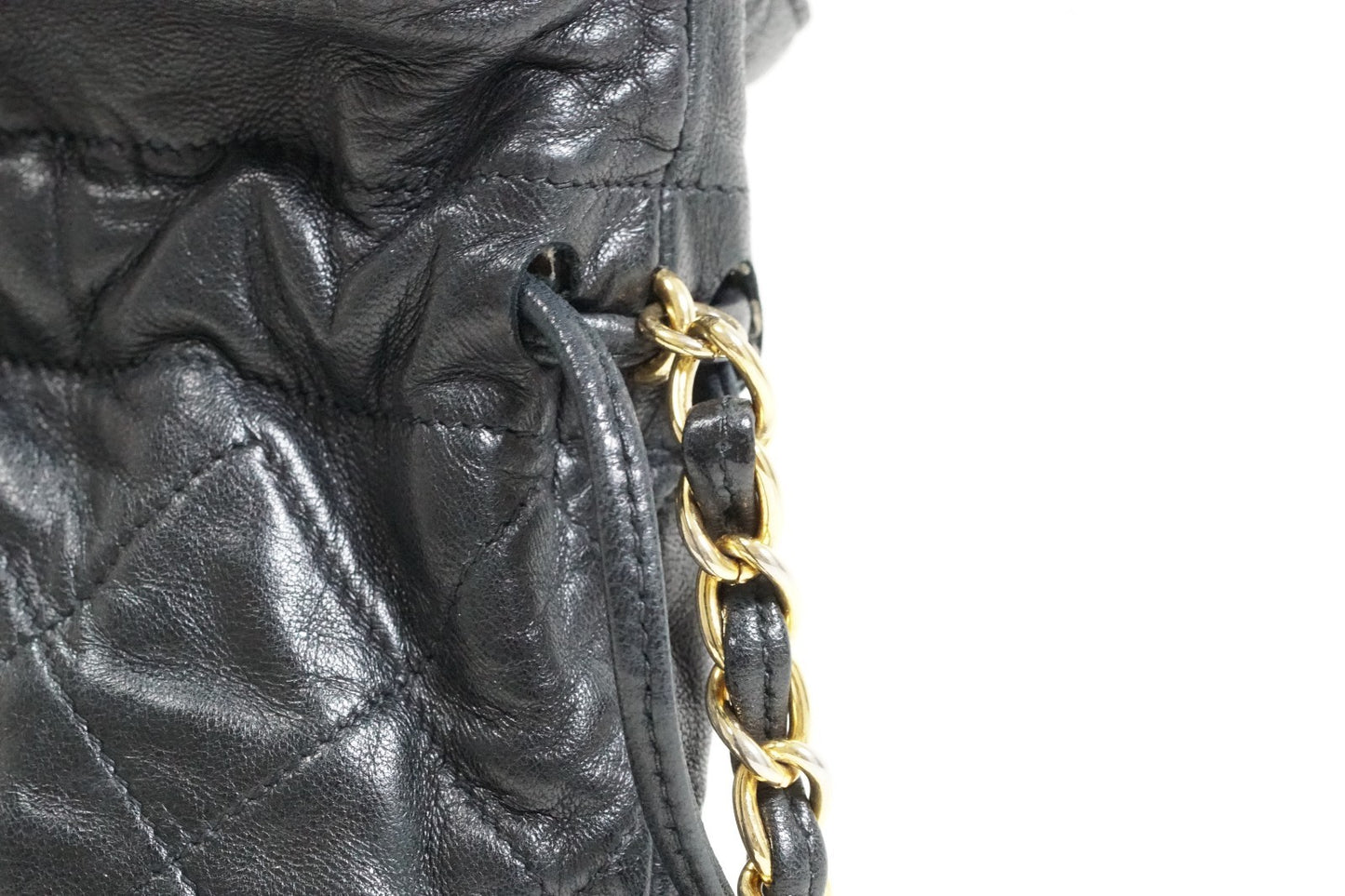 [AB] CHANEL Matelasse Quilted Drawstring Chain Shoulder Bag Lambskin Black Gold