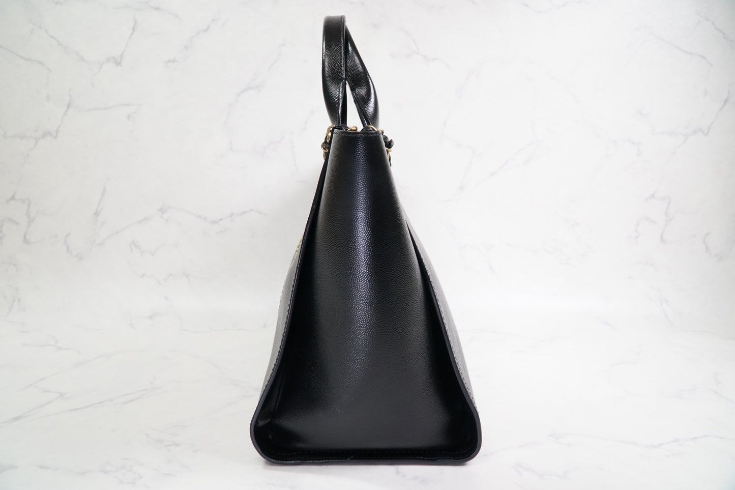[VERY GOOD] CHANEL Deauville 2way Leather Tote Bag Caviar Skin Black Gold Auth