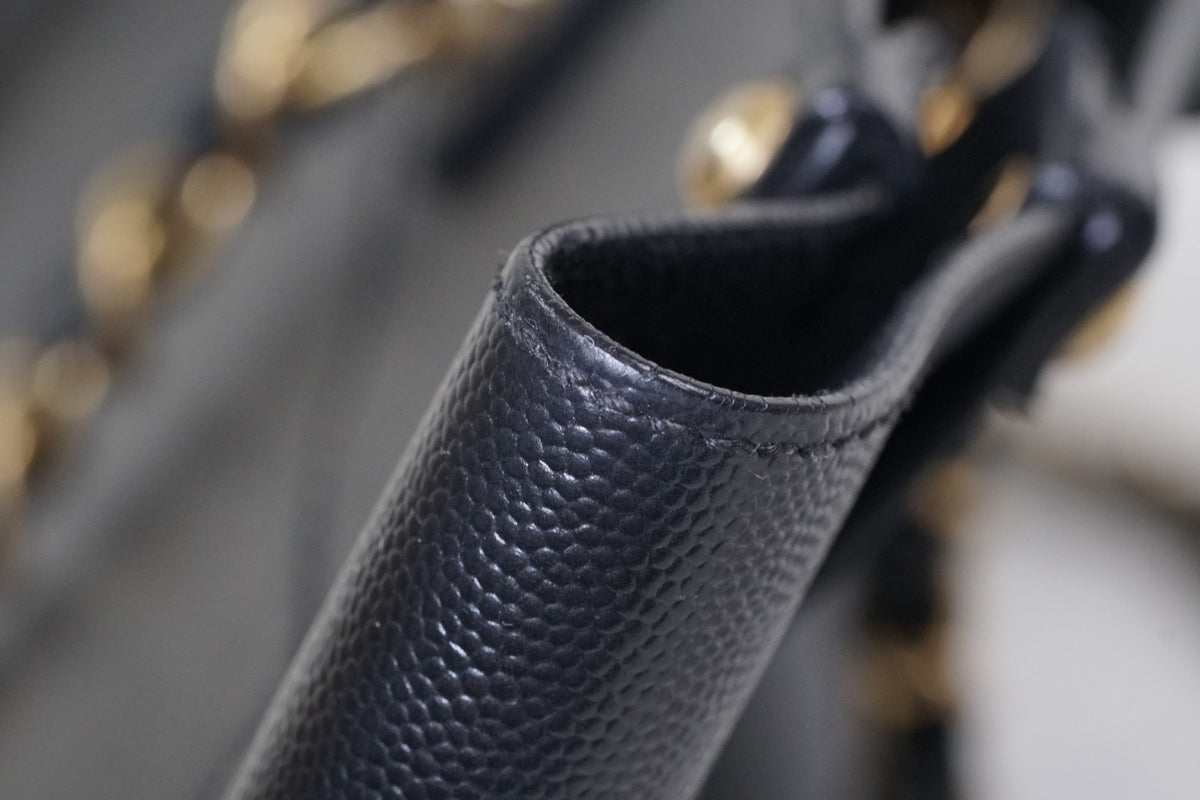 [VERY GOOD] CHANEL Deauville 2way Leather Tote Bag Caviar Skin Black Gold Auth