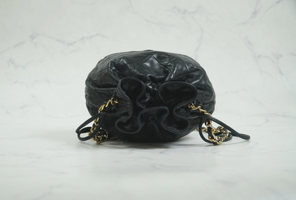 [AB] CHANEL Matelasse Quilted Drawstring Chain Shoulder Bag Lambskin Black Gold