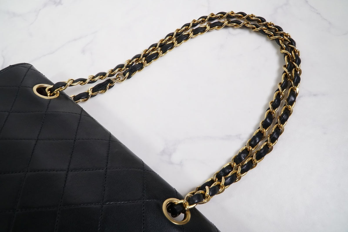 CHANEL Matelasse Full Flap W Chain Shoulder Bag Lambskin Black GHW Vintage Auth