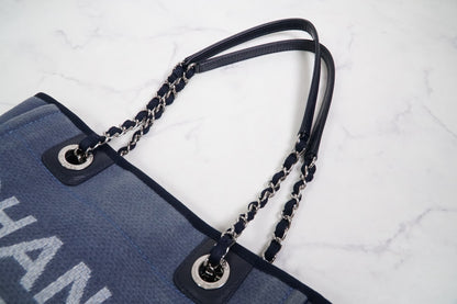 [Rank AB] CHANEL Deauville Canvas Chain Tote Bag Blue Navy Silver Hardware PM