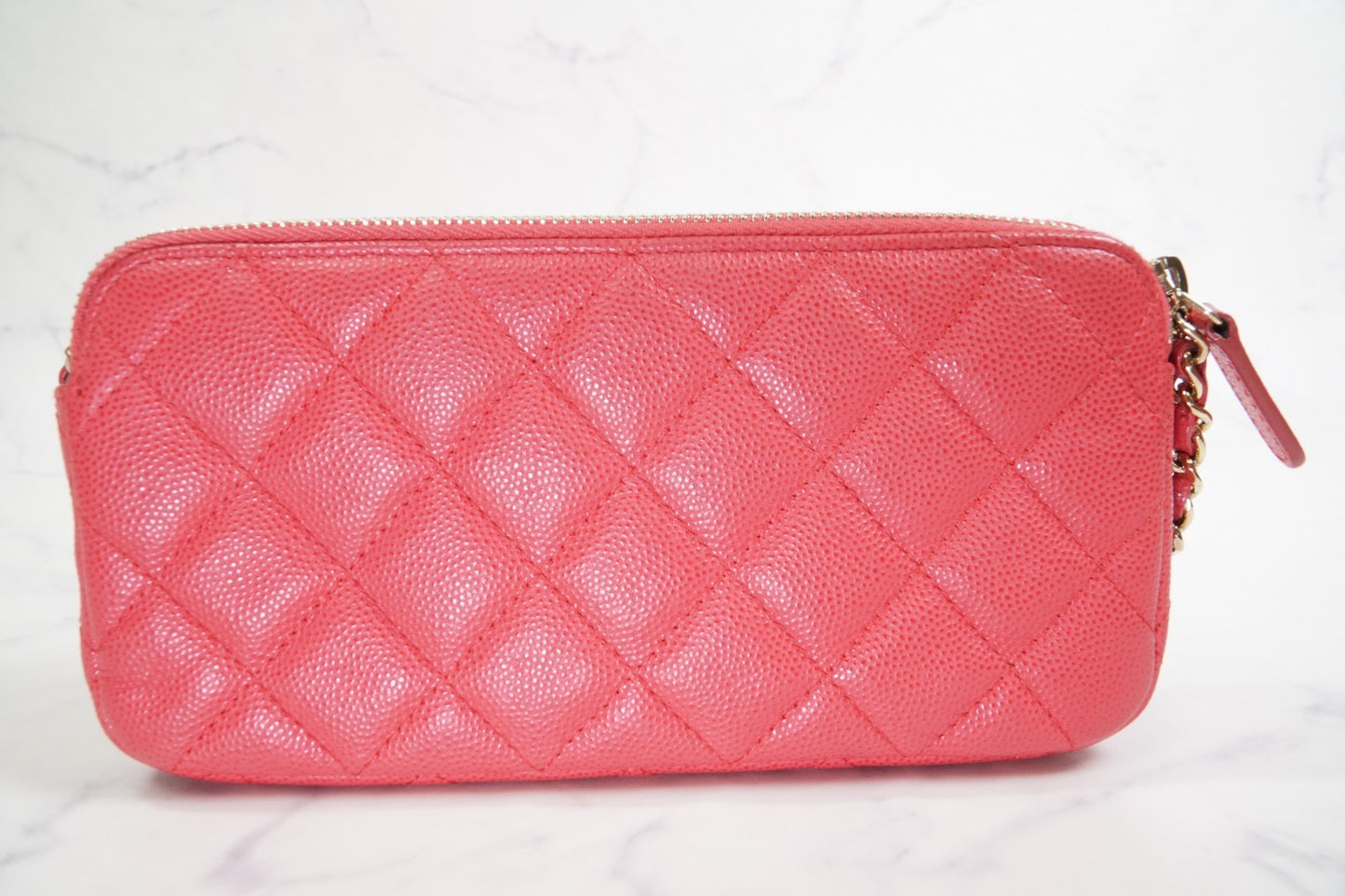 [EXCELLENT] CHANEL Caviar Skin Zipped Chain Wallet Coral Red Crossbody Bag Gold