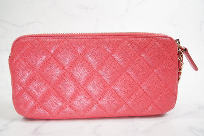 [EXCELLENT] CHANEL Caviar Skin Zipped Chain Wallet Coral Red Crossbody Bag Gold