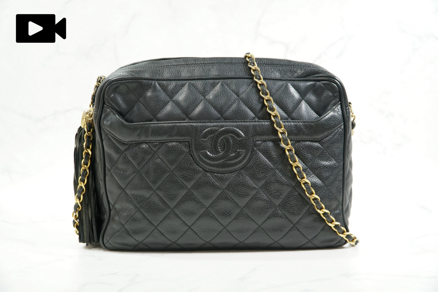 CHANEL Quilted Grained Leather Fringe Chain Shoulder Bag Black CC Vintage JAPAN