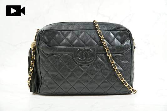 CHANEL Quilted Grained Leather Fringe Chain Shoulder Bag Black CC Vintage JAPAN