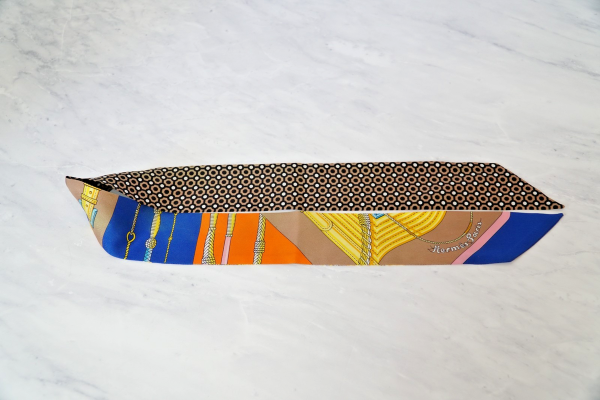 Hermes Twilly Silk Scarf Belt Rope Dot Blue Orange Beige Ribbon with Box JAPAN