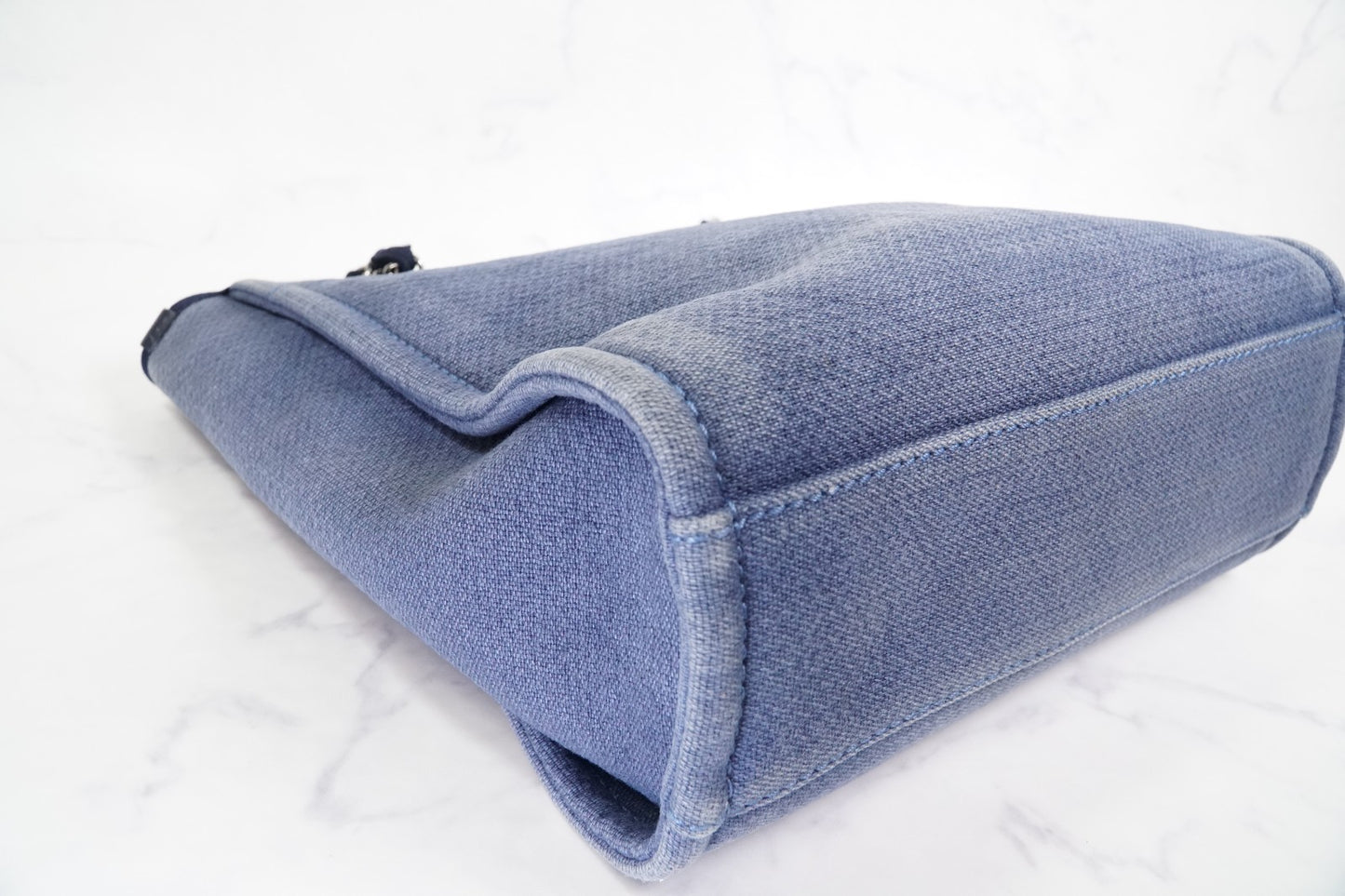 [Rank AB] CHANEL Deauville Canvas Chain Tote Bag Blue Navy Silver Hardware PM