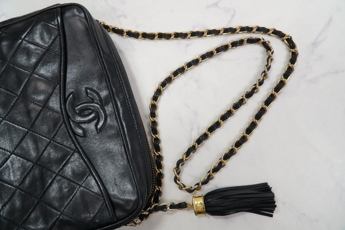 [Rank AB] CHANEL Matelasse Fringe Chain Shoulder Bag Black Lambskin Gold G Card