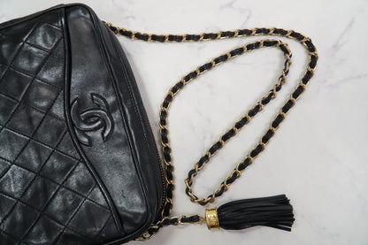 [Rank AB] CHANEL Matelasse Fringe Chain Shoulder Bag Black Lambskin Gold G Card