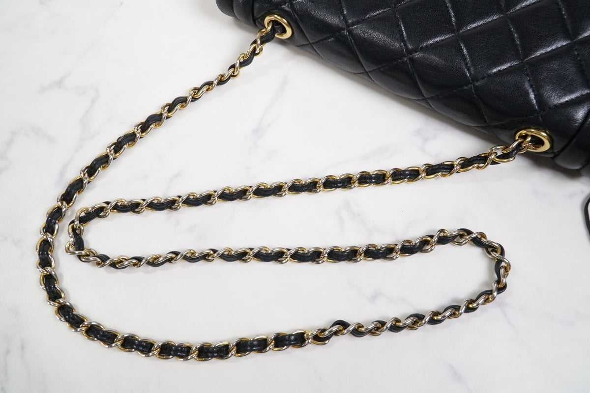 [Rank AB] CHANEL Matelasse Fringe Chain Shoulder Bag Black Leather Gold 1148788