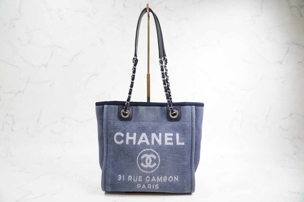 [Rank AB] CHANEL Deauville Canvas Chain Tote Bag Blue Navy Silver Hardware PM