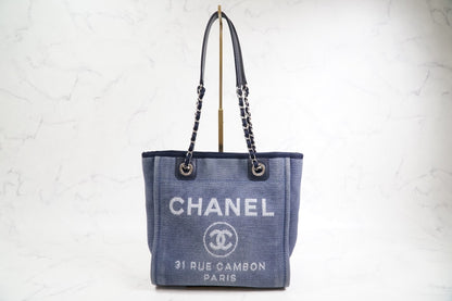 [Rank AB] CHANEL Deauville Canvas Chain Tote Bag Blue Navy Silver Hardware PM