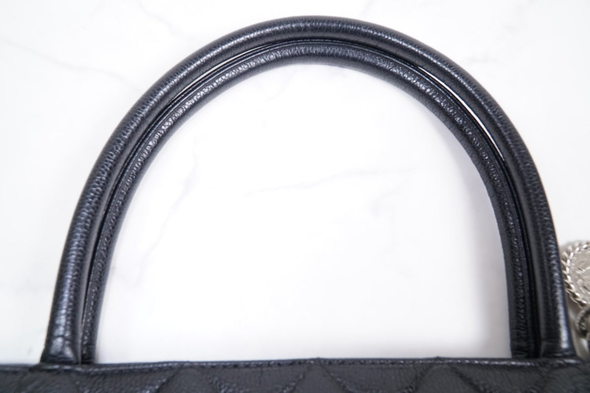 [Rank AB] CHANEL Medallion Tote Caviar Leather Black Silver HW w/ Box Dust Bag