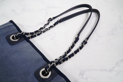 [Rank AB] CHANEL Deauville Canvas Chain Tote Bag Blue Navy Silver Hardware PM