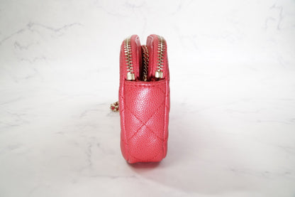 [EXCELLENT] CHANEL Caviar Skin Zipped Chain Wallet Coral Red Crossbody Bag Gold