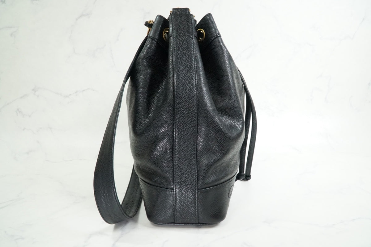 CHANEL Triple Coco Caviar Skin Drawstring Chain Shoulder Bag Black Gold Vintage