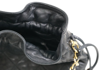 [AB] CHANEL Matelasse Quilted Drawstring Chain Shoulder Bag Lambskin Black Gold