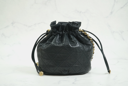 [AB] CHANEL Matelasse Quilted Drawstring Chain Shoulder Bag Lambskin Black Gold