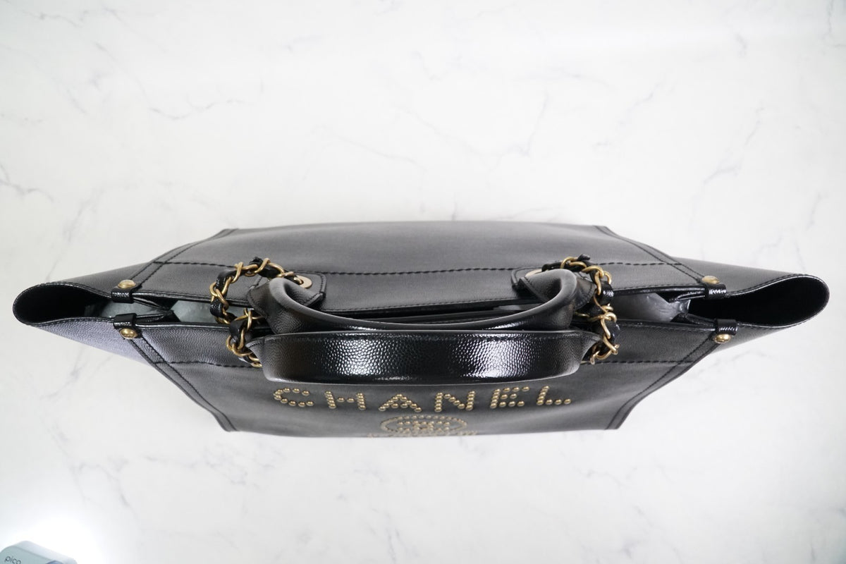 [VERY GOOD] CHANEL Deauville 2way Leather Tote Bag Caviar Skin Black Gold Auth