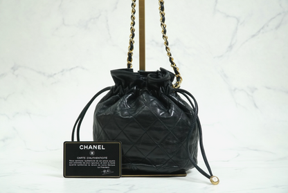 [AB] CHANEL Matelasse Quilted Drawstring Chain Shoulder Bag Lambskin Black Gold