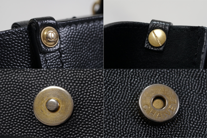 [VERY GOOD] CHANEL Deauville 2way Leather Tote Bag Caviar Skin Black Gold Auth