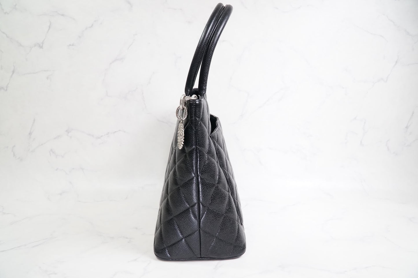 [Rank AB] CHANEL Medallion Tote Caviar Leather Black Silver HW w/ Box Dust Bag